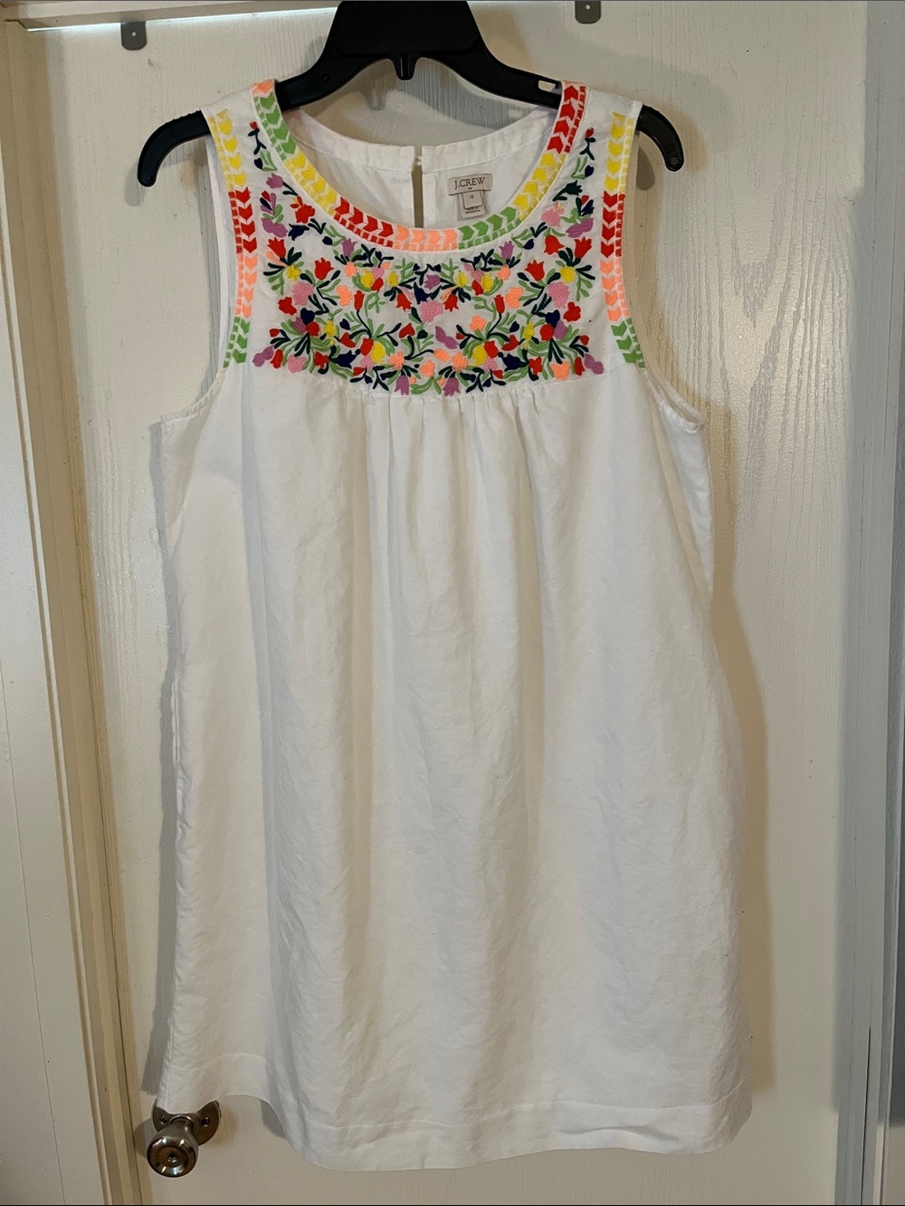 J. Crew White Linen Sleeveless Dress with Bright Floral Embroidery Size 12